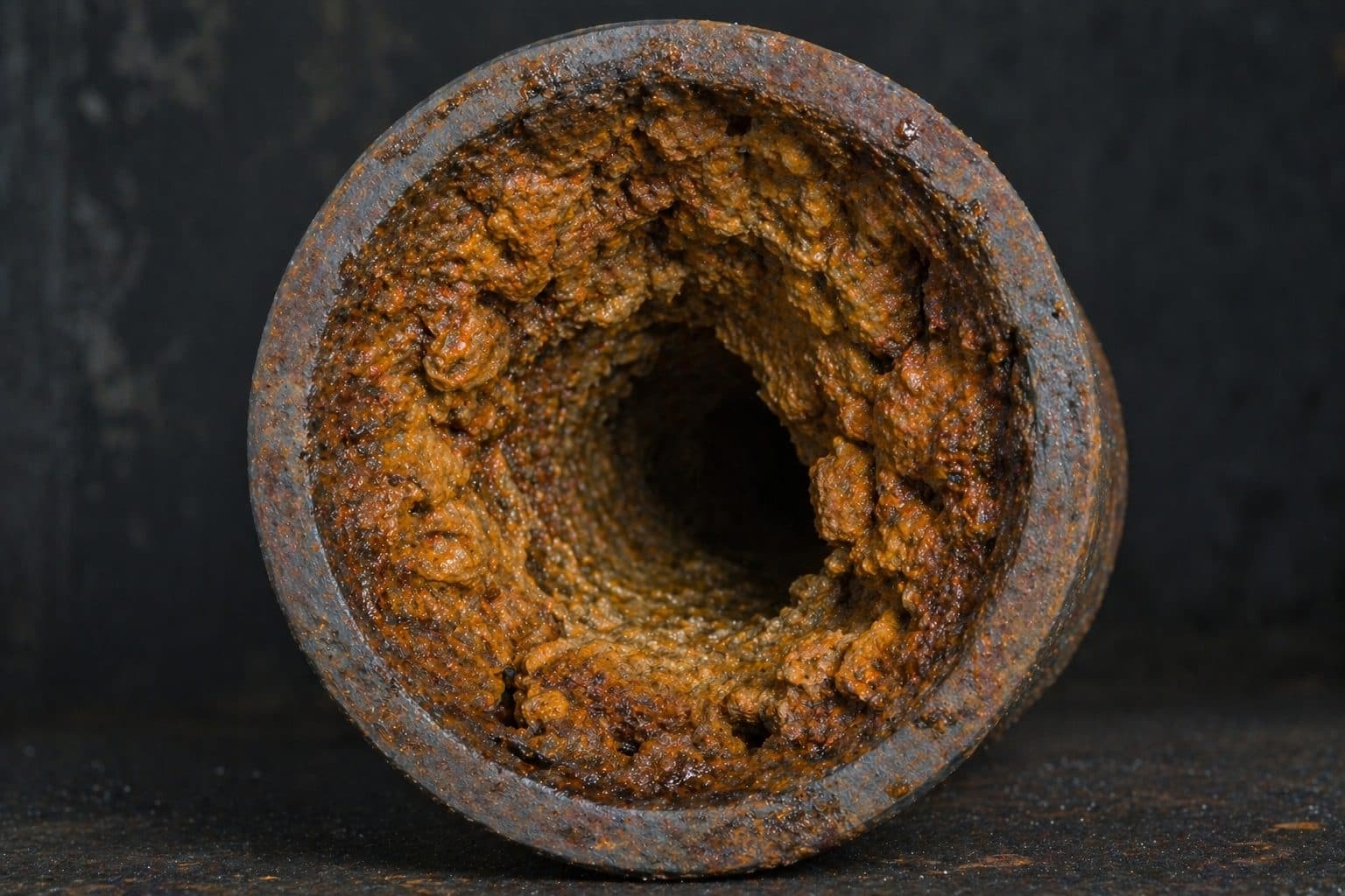 Cross-section of a pipe almost closed by hard-water scale buildup